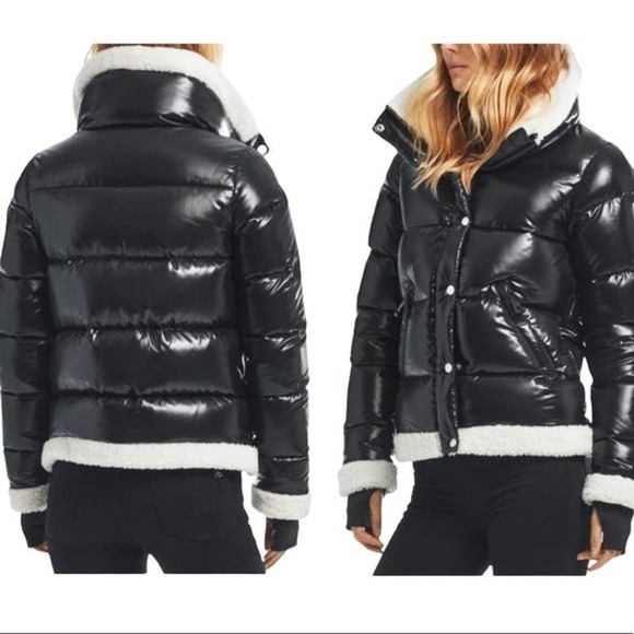 7 For All Mankind Thermal Puff Faux Shearling Trim Puffer Jacket Sherpa, Black - Picture 1 of 10